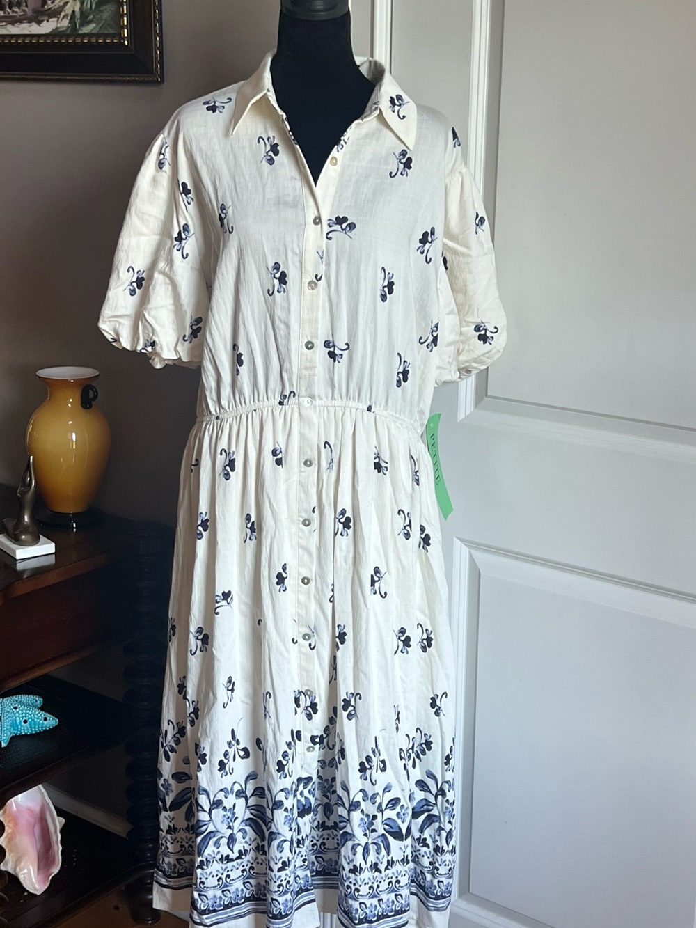 White Button-Front Midi Dress with Navy Floral Border